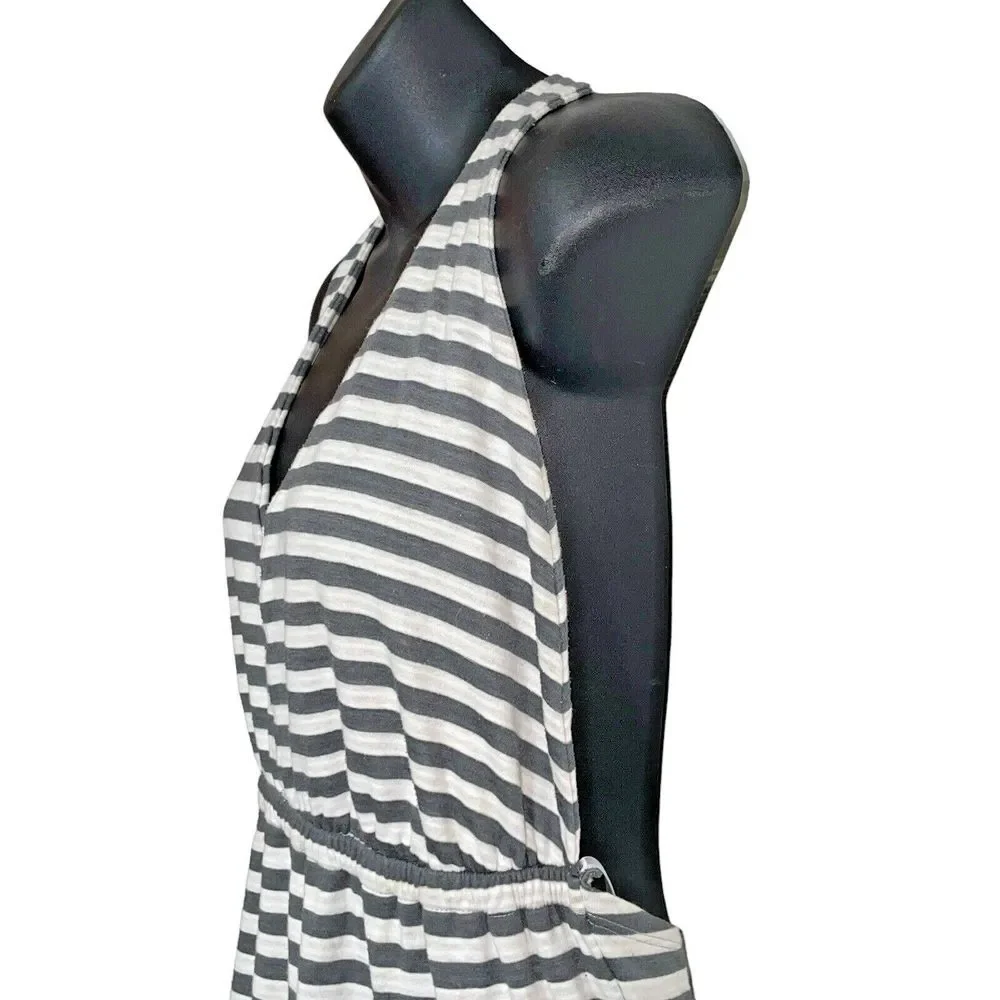 Lover + Friends Striped Grey Cream‎ Jersey Halter Maxi Long Dress Size Large